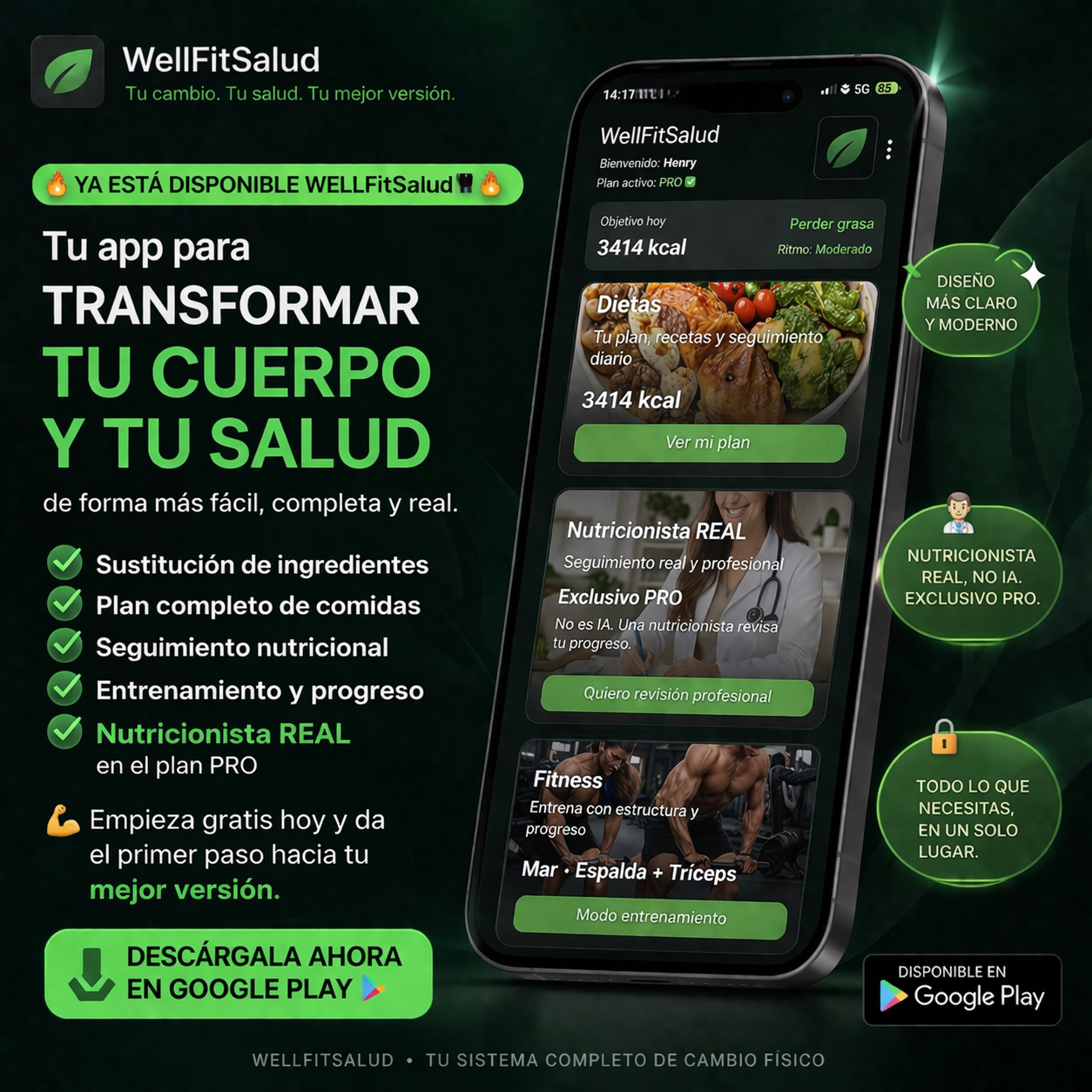 Pantalla principal de WellFitSalud